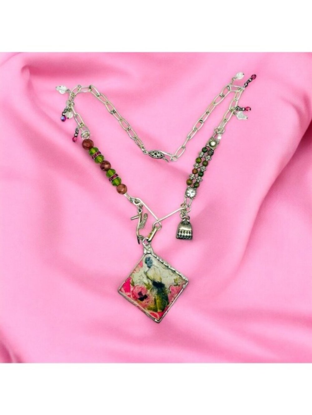 Parisian Muse Tiny Canvas Necklace with Unakite & Pink Jasper | Alma Antigua - Picture 11 of 15